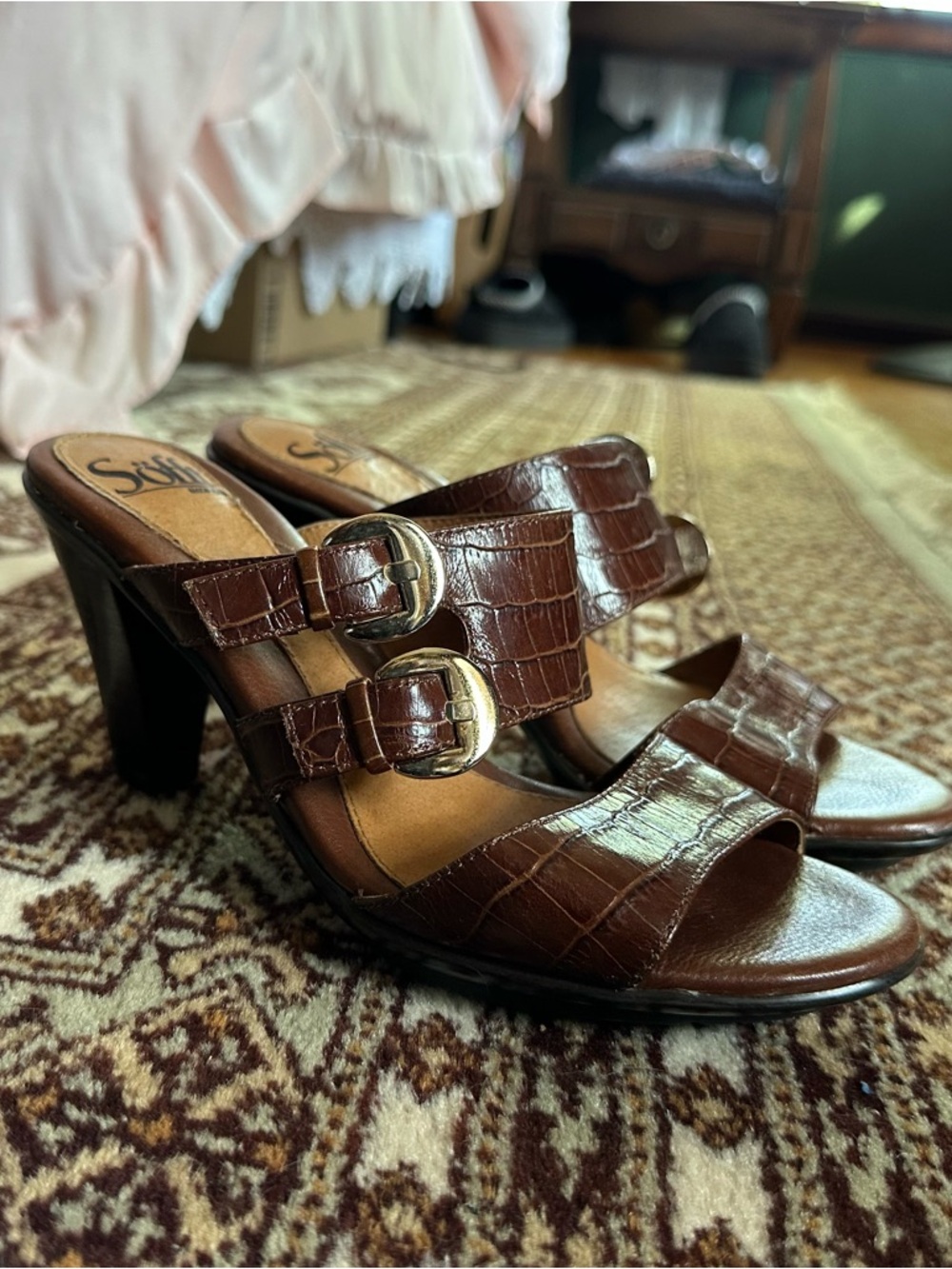 Sofft Brown Croc-Embossed Double-Buckle Heel Mules